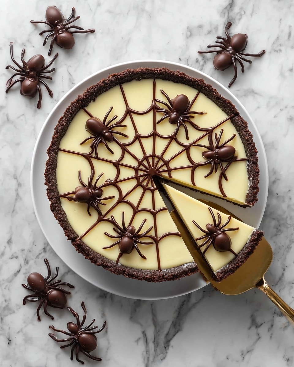 A white plate holds a round pie with a dark crust and a smooth, light cream-colored filling. On top, there is a spider web pattern made of thin lines of dark chocolate, radiating from the center to the edges. Six chocolate spiders decorate the pie, each with a round milk chocolate body and thin dark chocolate legs spread out. One slice is lifted from the pie with a golden spatula, showing the even layers of crust and creamy filling. Around the plate, on a white marbled surface, there are five more chocolate spiders placed randomly. Photo taken with an iphone --ar 4:5 --v 7