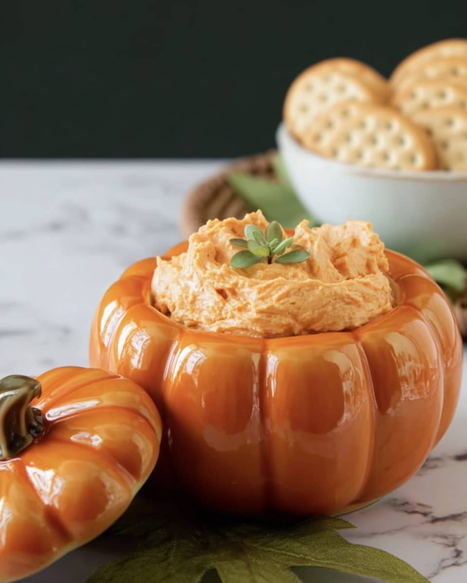 A small, bright orange ceramic pumpkin container is filled with a creamy, light orange spread that has a slightly rough texture, topped with a small green herb leaf in the center. The pumpkin lid with a shiny brown stem lies tilted in front of the container. Around the pumpkin container, there are deep green leaves that add a textured background. In the back, a white bowl with round crackers is slightly blurred. The whole setting is placed on a white marbled surface. photo taken with an iphone --ar 4:5 --v 7