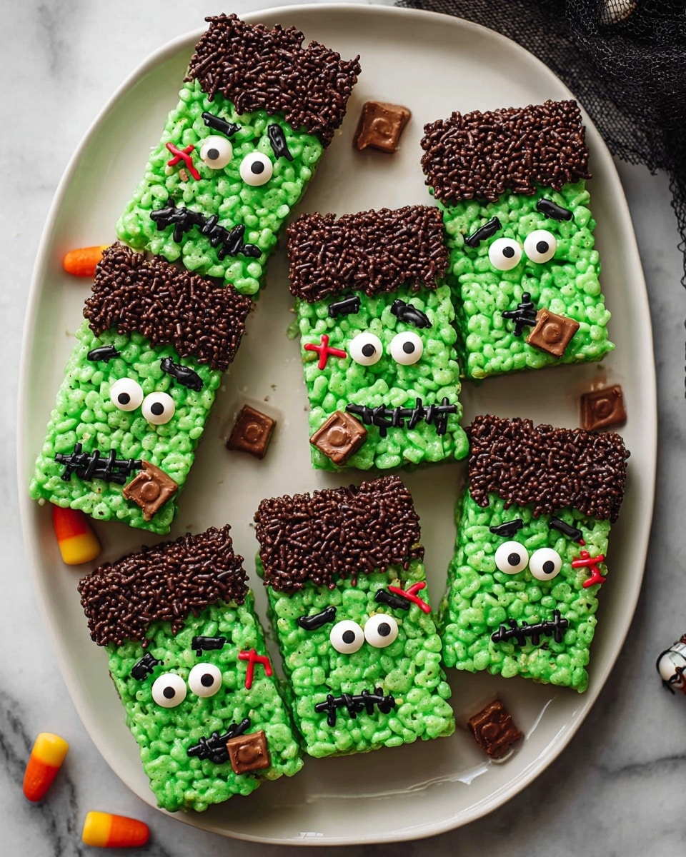The image shows several rectangular treats made from green puffed rice, each decorated to look like Frankenstein's monster. Each piece has a top layer covered in dark brown chocolate sprinkles to form hair, with two white candy eyes attached in the upper middle of the green base. Small round chocolate pieces are placed on each side to resemble bolts. Black icing is used to draw different facial expressions and stitch marks, with some red icing added to look like blood or wounds near the hairline. The treats are arranged on white crumpled parchment paper over a white marbled surface, with some small candy eyes scattered around. Photo taken with an iphone --ar 4:5 --v 7