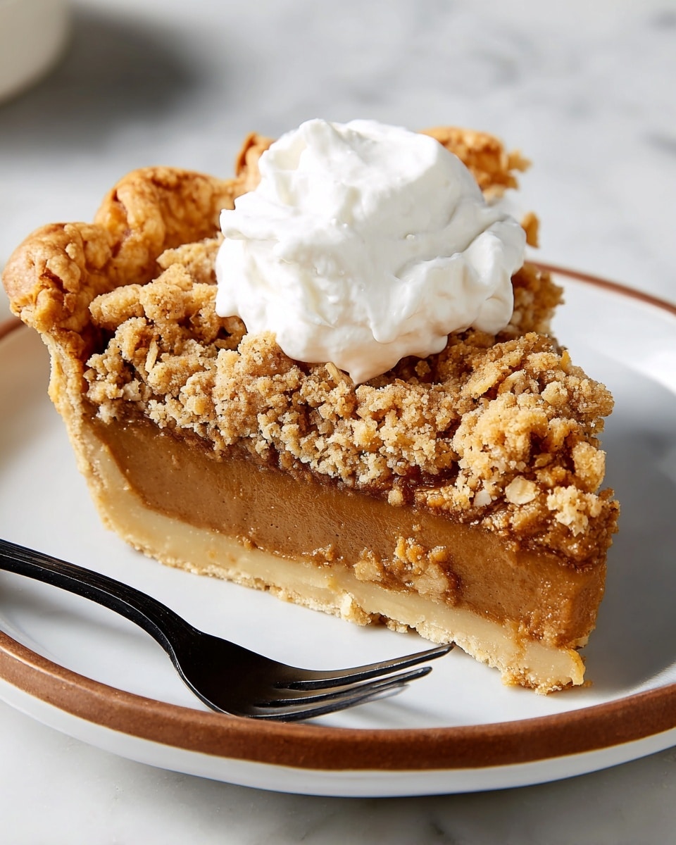 A slice of pie with three visible layers is shown: the bottom layer is a thin, light golden crust; the middle layer is a thick, smooth, darker brown filling; the top layer is a crumbly, textured, light brown topping with small oat pieces. On top of the slice is a dollop of white whipped cream with a soft, fluffy texture. The slice sits on a white plate with a thin brown rim. To the right of the slice, there is a black fork resting on the plate. The plate is placed on a white marbled surface. Photo taken with an iphone --ar 4:5 --v 7
