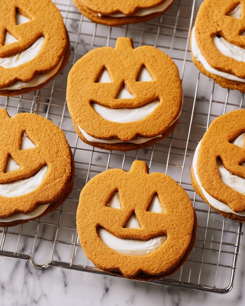 The image shows several pumpkin-shaped cookies with jack-o'-lantern faces on a silver wire cooling rack over a white marbled surface. Each cookie has two layers of light brown cookie with a slightly rough texture, and a smooth white cream filling sandwiched evenly in the middle. The cookie faces have cut-out eyes, nose, and mouths, showing the white filling inside. The cookies are arranged in a scattered way, some stacked and others lying flat. Photo taken with an iphone --ar 4:5 --v 7