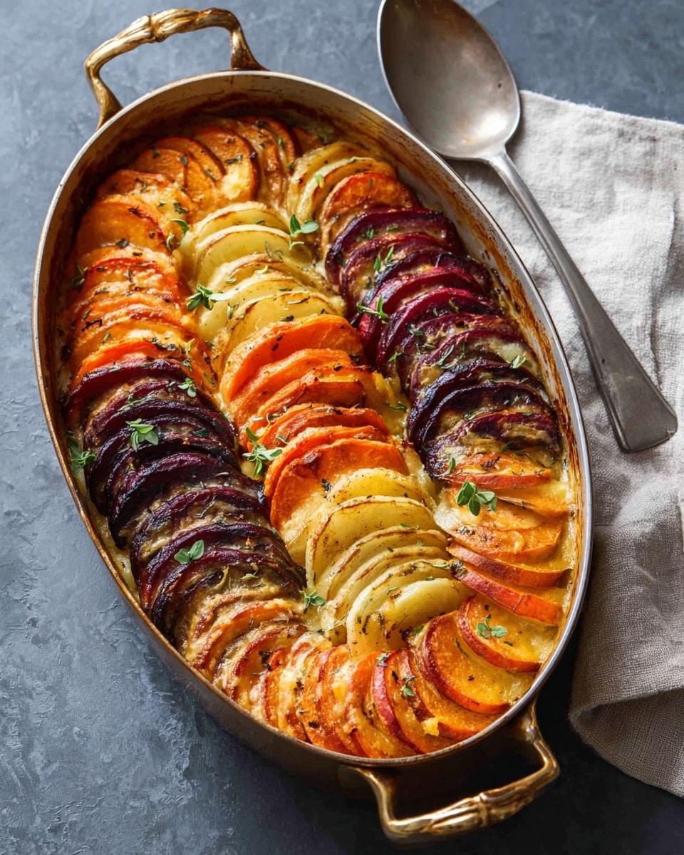 The image shows a gold oval baking dish filled with neatly arranged slices of different root vegetables in rows. The dish contains five layers of thinly sliced rounds: dark red-purple beets, pale yellow potatoes, deep red beets, bright orange sweet potatoes, and more pale yellow potatoes, all mixed with a golden creamy sauce and baked until lightly browned on top. Small green herb sprigs are scattered over the dish adding a fresh touch. The dish sits on a dark gray surface with a folded light beige cloth to the right, next to a silver spoon. photo taken with an iphone --ar 4:5 --v 7