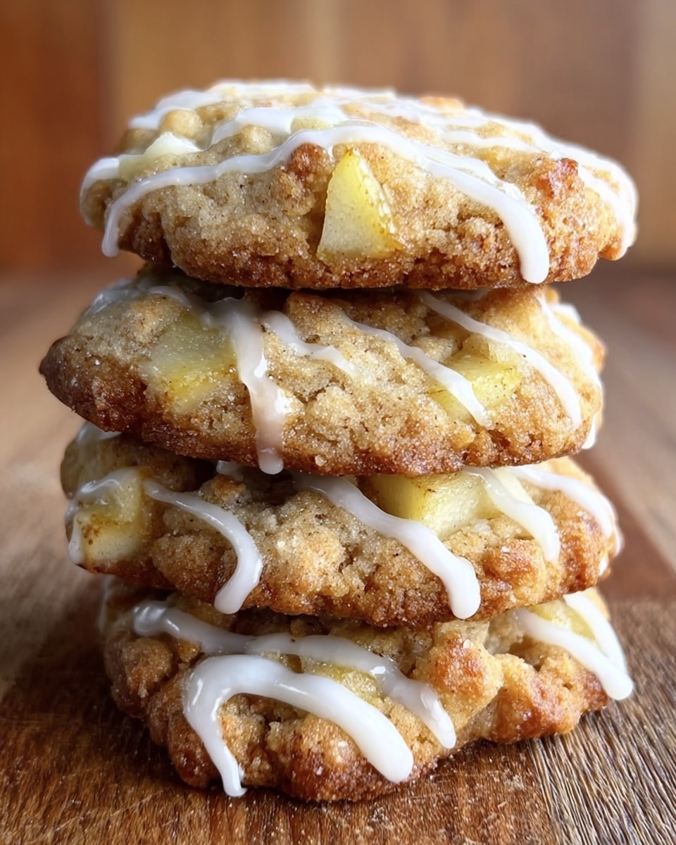 A close-up view of a stack of four golden brown cookies with a rough and crumbly texture, each cookie studded with light yellow apple chunks. White icing is drizzled lightly over the top cookie and continues down the sides of the stack in thin lines. The cookies are placed directly on a wooden surface. Photo taken with an iphone --ar 4:5 --v 7