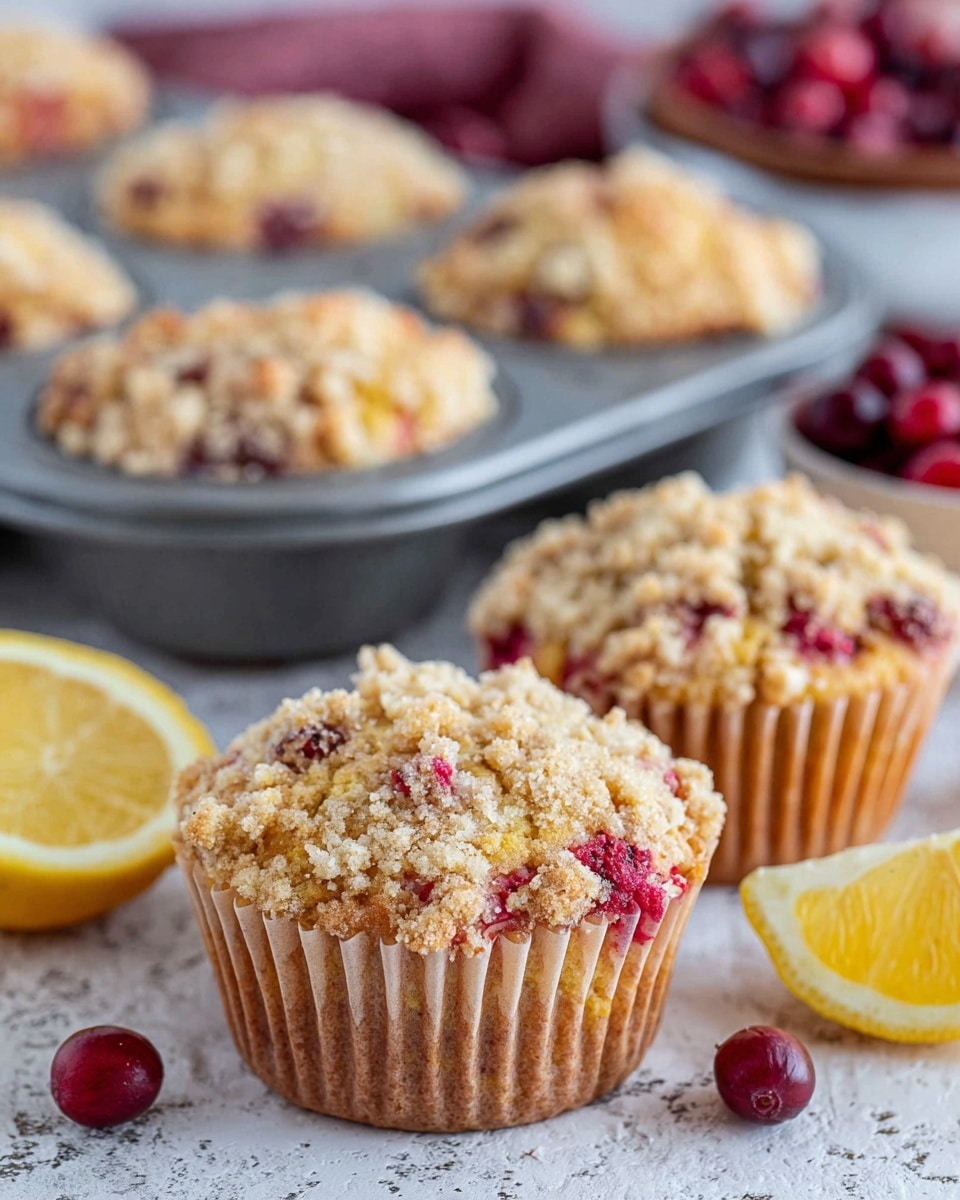 The image shows several muffins with a golden brown crumbly topping, speckled with small red fruit pieces inside and on top. The muffins are in beige paper liners, with a rough crumb texture on the surface. They sit on a white marbled surface, with two whole lemon halves on the side, showing bright yellow and white layers. Behind the muffins, there is a grey muffin pan containing more muffins and some fresh red cranberries in one of the pan's slots. The colors are warm and natural with a cozy feel. Photo taken with an iphone --ar 4:5 --v 7