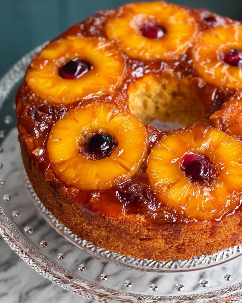 The image shows a round cake with a ring shape, featuring four large glossy pineapple rings on top, each with a small dark red spot in the center, likely a cherry or similar fruit. The pineapples are arranged evenly spaced on a shiny caramelized top layer that has a rich amber brown color and a sticky texture with some small dark spots scattered around. Beneath the caramel layer is a thick golden brown cake with a slightly crumbly texture. The cake sits on a white marbled surface, presented on a clear glass stand with an intricate patterned edge. Photo taken with an iphone --ar 4:5 --v 7