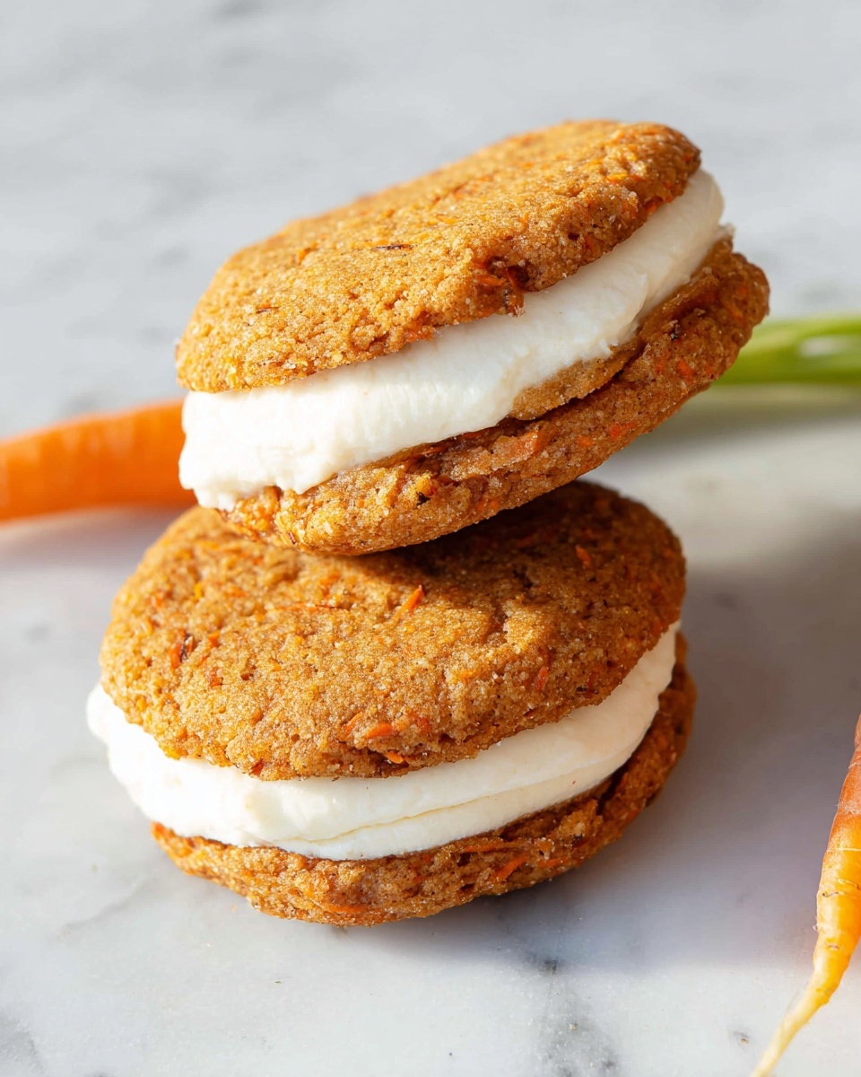 The image shows two soft sandwich cookies stacked with a thick layer of smooth white cream in the middle. Each cookie is golden brown with a slightly rough texture and small visible bits, suggesting a spiced or carrot-based dough. One sandwich cookie is tilted, resting on the other, showing the cream filling clearly. The cookies sit on a white marbled surface, and a small piece of green carrot stem lies near them. The lighting is bright and natural, highlighting the textures and colors. photo taken with an iphone --ar 4:5 --v 7