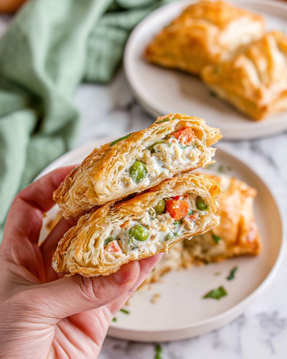 A woman's hand holds a flaky, golden-brown pastry broken in half, revealing three main layers inside: a crispy outer crust with visible flaky texture, a creamy white sauce layer with small bits, and a colorful vegetable mix layer containing bright green peas and orange carrot pieces. The background shows pieces of the same pastry on white plates set on a white marbled surface, with a soft green cloth blurred in the distance. Photo taken with an iphone --ar 4:5 --v 7