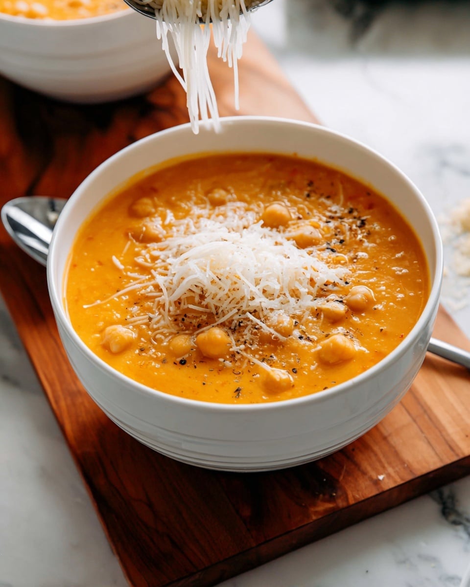 Two white bowls filled with thick orange soup with visible chickpeas and small chunks, topped with a generous layer of white shredded cheese and a sprinkle of black pepper. The bowls have handles and are placed on a round wooden board. Two silver spoons lie next to the bowls on the board, and a dark blue cloth is crumpled next to the board. The whole scene is set on a white marbled surface. photo taken with an iphone --ar 4:5 --v 7