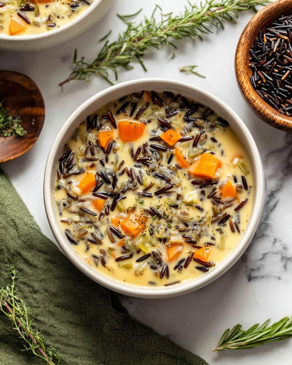 A bowl filled with a creamy soup showing three main layers: a light cream base, soft orange carrot chunks scattered throughout, and dark and light wild rice grains mixed evenly on top and throughout the soup. The bowl is white and placed on a white marbled surface. Around the bowl are rosemary sprigs, a wooden bowl filled with dark wild rice, and a green cloth napkin on the side. The lighting is soft and natural, giving the soup a warm and inviting look. photo taken with an iphone --ar 4:5 --v 7