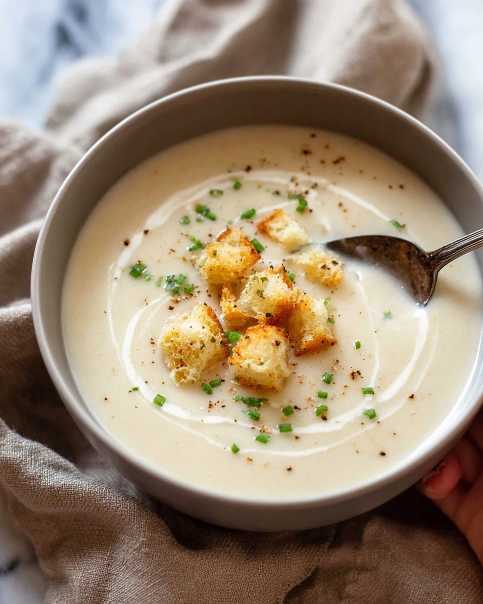 A close-up view of a bowl filled with creamy white soup topped with small golden brown croutons and green chives scattered on the surface. A woman's hand is dipping a piece of light brown toasted bread with melted yellow cheese on top into the soup, creating a thick, smooth texture connecting the bread and soup. The bowl itself is dark gray and sits on a white marbled surface. The focus is on the creamy soup, the bread's texture, and the woman's fingers holding it photo taken with an iphone --ar 4:5 --v 7