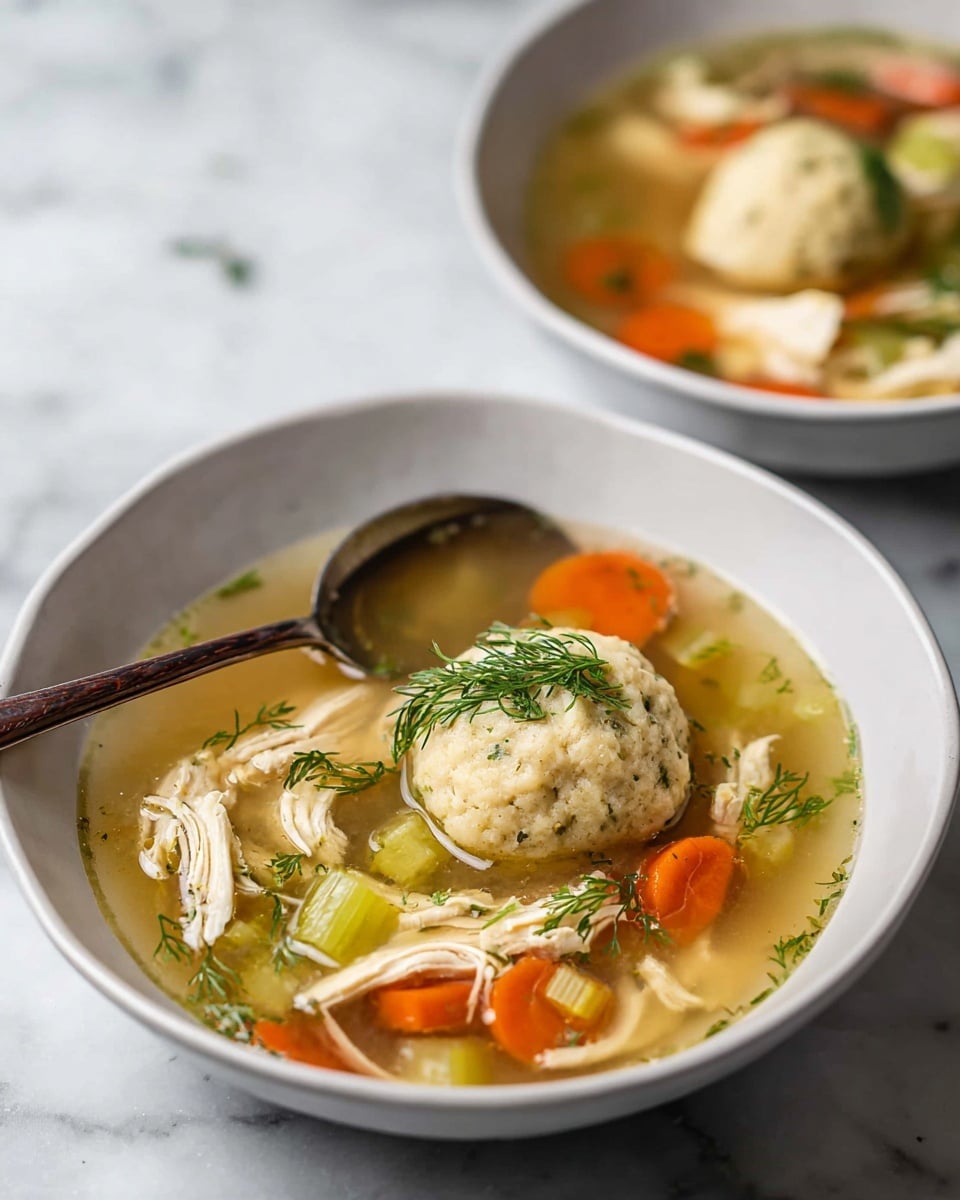 A white bowl sits on a white marbled surface, filled with clear broth soup. Inside the soup are light beige shredded chicken pieces scattered around, bright orange carrot slices, and light green celery chunks. In the center of the bowl, there is a large round dumpling with a rough texture topped with a small bunch of green dill. A silver spoon with a dark brown handle rests inside the bowl on the left side. Another bowl of the same soup is blurred in the background. photo taken with an iphone --ar 4:5 --v 7
