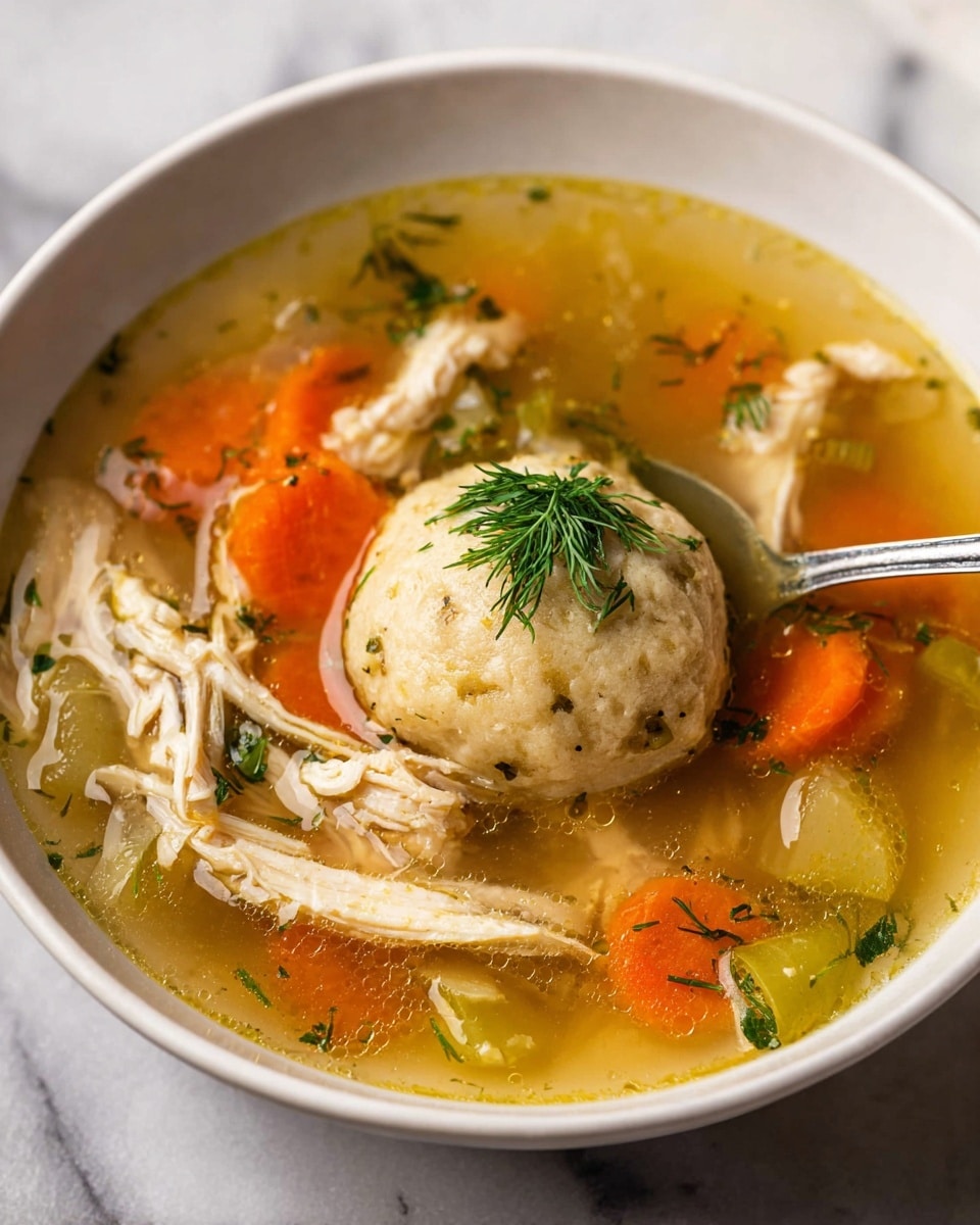 A white bowl filled with clear golden broth holds shredded light-colored chicken pieces spread around, alongside bright orange carrot chunks and green celery slices. In the center, there is a round, beige dumpling topped with a small bunch of fresh green dill. A silver spoon rests inside the bowl near the edge. The bowl sits on a white marbled surface. photo taken with an iphone --ar 4:5 --v 7