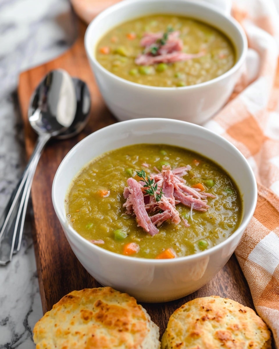 Two white bowls filled with green split pea soup sit on a wooden board over a white marbled surface. The soup has a thick texture with visible small chunks of carrots and split peas. Each bowl is topped with shredded pink ham and a small sprig of fresh green thyme. In front of the bowls, there are two round, toasted English muffins with a golden brown top speckled with melted cheese. Two silver spoons lay beside a folded orange and white checkered cloth next to the board. Photo taken with an iphone --ar 4:5 --v 7