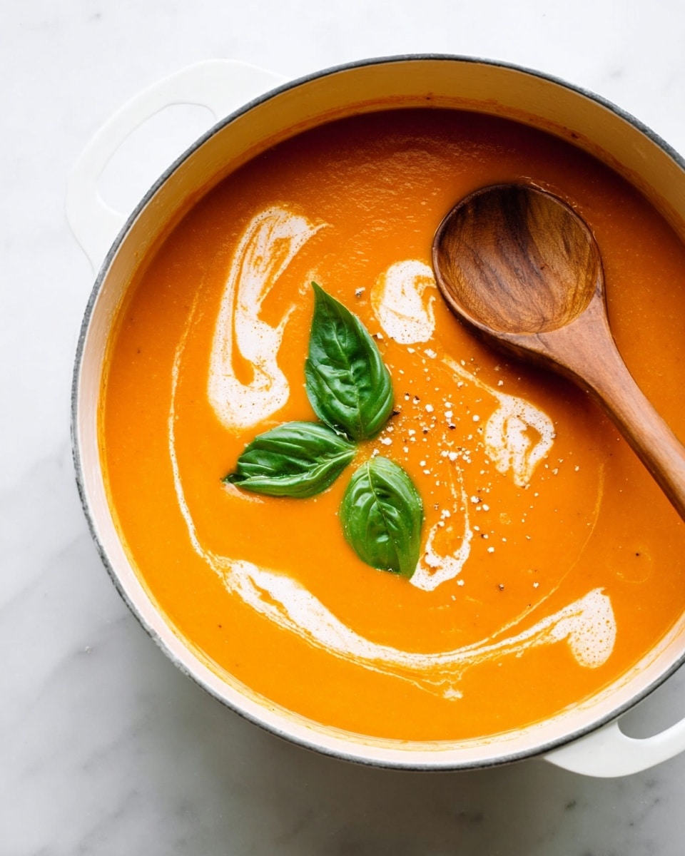 The image shows a white pot filled with smooth orange soup with creamy white swirls on top, garnished with two fresh green basil leaves sprinkled with coarse salt in the middle. A wooden spoon rests on the edge of the pot, with its round end hovering above the soup. The pot is placed on a white marbled surface. photo taken with an iphone --ar 4:5 --v 7