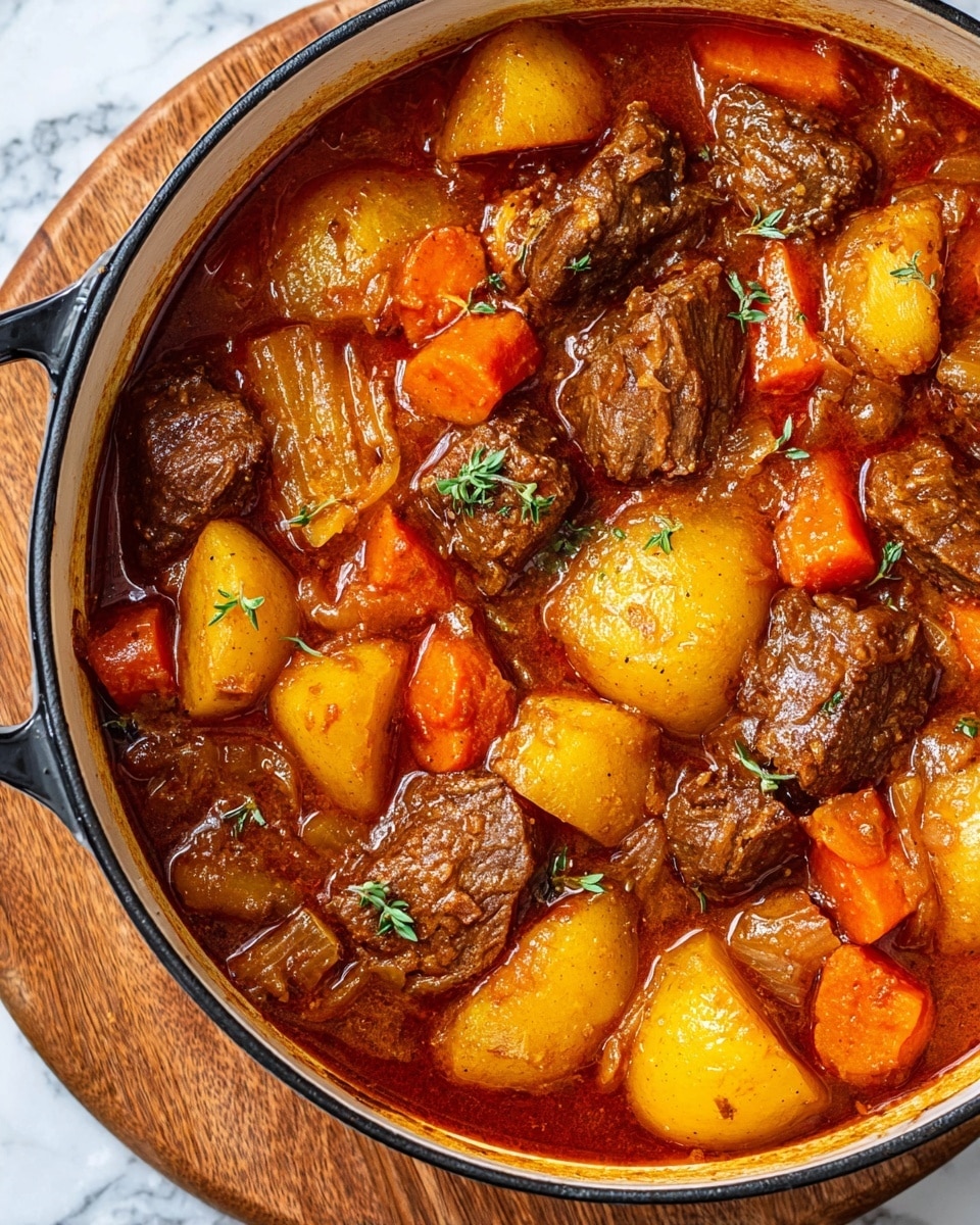 A close-up top view of a deep white pot filled with a stew showing about three layers: first, dark brown pieces of cooked meat with a textured surface; second, shiny yellow potatoes and bright orange chunks of carrots evenly spread; third, soft cooked onions with a light brown tint mixed in. The stew is covered in a thick red-brown sauce with visible oil shine and small green herb sprigs sprinkled on top. The pot rests on a round wooden board on a white marbled surface. Photo taken with an iphone --ar 4:5 --v 7