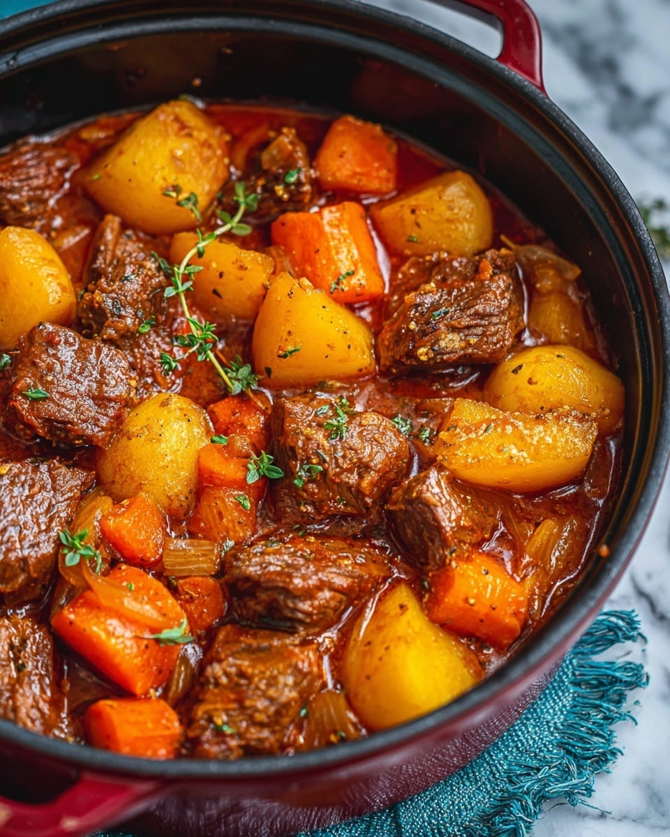 The image shows a stew in a deep red pot with a dark inside. The stew has large pieces of brown beef, bright orange carrot cubes, and golden yellow potato chunks. There are some pale, cooked onion pieces mixed in. The stew is covered in a rich, thick reddish-brown sauce with small green herb leaves scattered on top. The pot sits on a white marbled surface with a textured blue cloth nearby. The food looks hearty and cooked well with a glossy shine. photo taken with an iphone --ar 4:5 --v 7