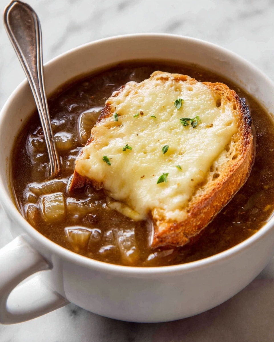 A white bowl filled with dark brown onion soup with visible soft cooked onion pieces in the broth. On top of the soup is a slice of golden toasted bread covered with melted, slightly browned cheese that has a bubbly texture. Small green herb leaves are sprinkled on the cheese for garnish. A silver spoon is resting inside the bowl on the left side, with a piece of the cheesy bread leaning against the spoon. The bowl is placed on a white marbled surface. photo taken with an iphone --ar 4:5 --v 7