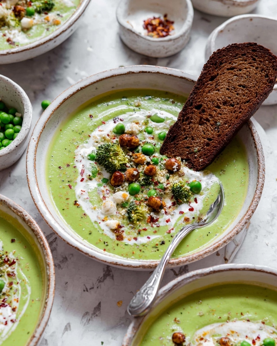 The image shows a creamy green soup served in a round white bowl with a rustic edge. The soup has a smooth green base with a swirl of white cream on top. Bright green peas and small pieces of roasted broccoli are scattered on the surface. Light brown, small cooked pieces that look like nuts or seeds are layered over the vegetables. Red chili flakes and finely grated white cheese are sprinkled on top, adding color contrast. A piece of dark brown toasted bread is placed vertically inside the bowl on the right side. A silver spoon rests inside the bowl on the bottom right edge. The bowl sits on a white marbled surface, with other similar bowls and plates in the background, along with small white bowls holding peas and chili flakes. Photo taken with an iphone --ar 4:5 --v 7
