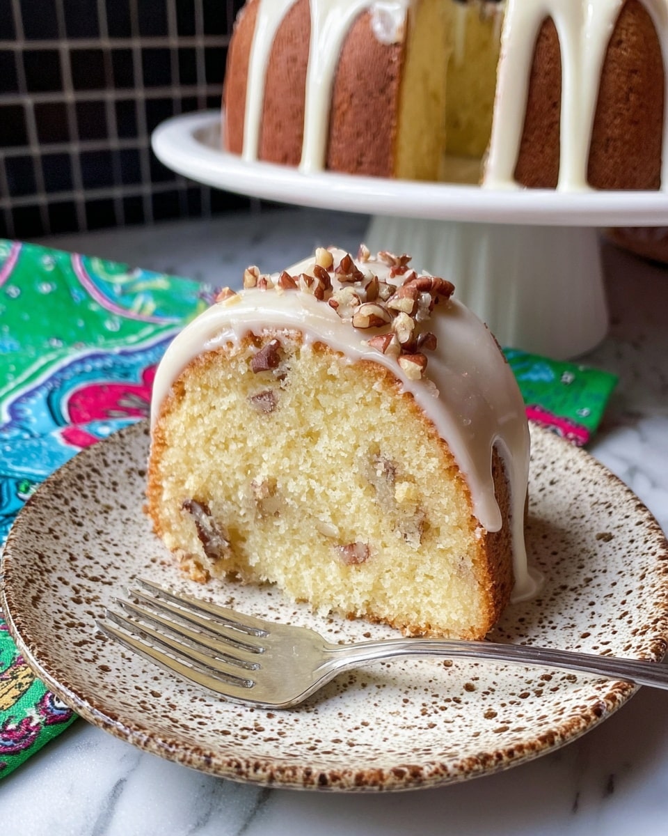 A slice of light yellow cake with small brown nut bits inside sits on a white plate with a speckled brown and green pattern. The cake slice has a shiny white icing layer on top, slightly dripping down the sides, and is sprinkled with chopped nuts. The plate rests on a white marbled surface with a colorful cloth featuring green, blue, and red patterns beside it. A silver fork is placed near the cake slice. In the background, a white cake stand with more cake is partially visible against a black tiled wall. Photo taken with an iphone --ar 4:5 --v 7