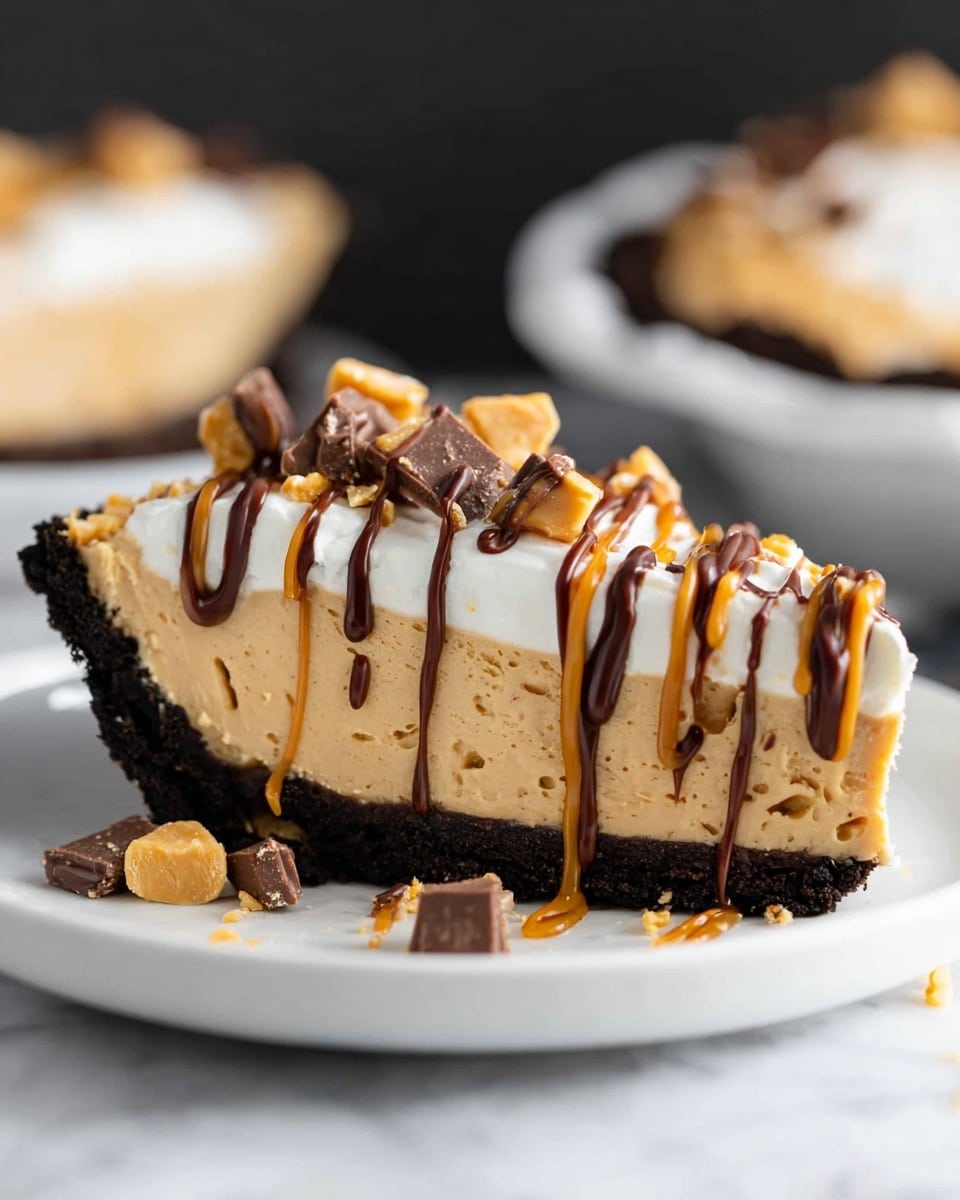 A slice of pie with three clear layers is shown on a white plate sitting on a white marbled surface. The bottom layer is thick and dark brown, looking like a dense chocolate crust. The middle layer is creamy and light brown, smooth and thick, resembling peanut butter filling. The top layer is thin and white, like whipped cream. Over the top layer, there are drizzles of dark chocolate and light brown peanut sauce creating thin lines. Small pieces of chopped chocolate and peanut candy are scattered on top and around the pie slice. The background is dark and softly blurred, with another identical pie slice visible but out of focus. Photo taken with an iphone --ar 4:5 --v 7