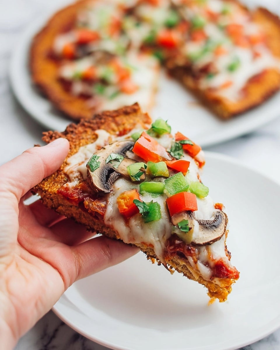 The image shows a white plate with several slices of pizza on a white marbled surface. Each slice has a thick, golden-brown crust that looks crispy. The bottom layer is a reddish tomato sauce spread evenly, topped with melted white cheese that is soft and stringy. Over the cheese, there are small pieces of green bell pepper, diced red tomato, and thin brown mushroom slices, along with some fresh green cilantro leaves scattered on top. A woman's hand is holding one slice of pizza, lifting it from the plate, with another pizza plate slightly blurred in the background. Photo taken with an iphone --ar 4:5 --v 7