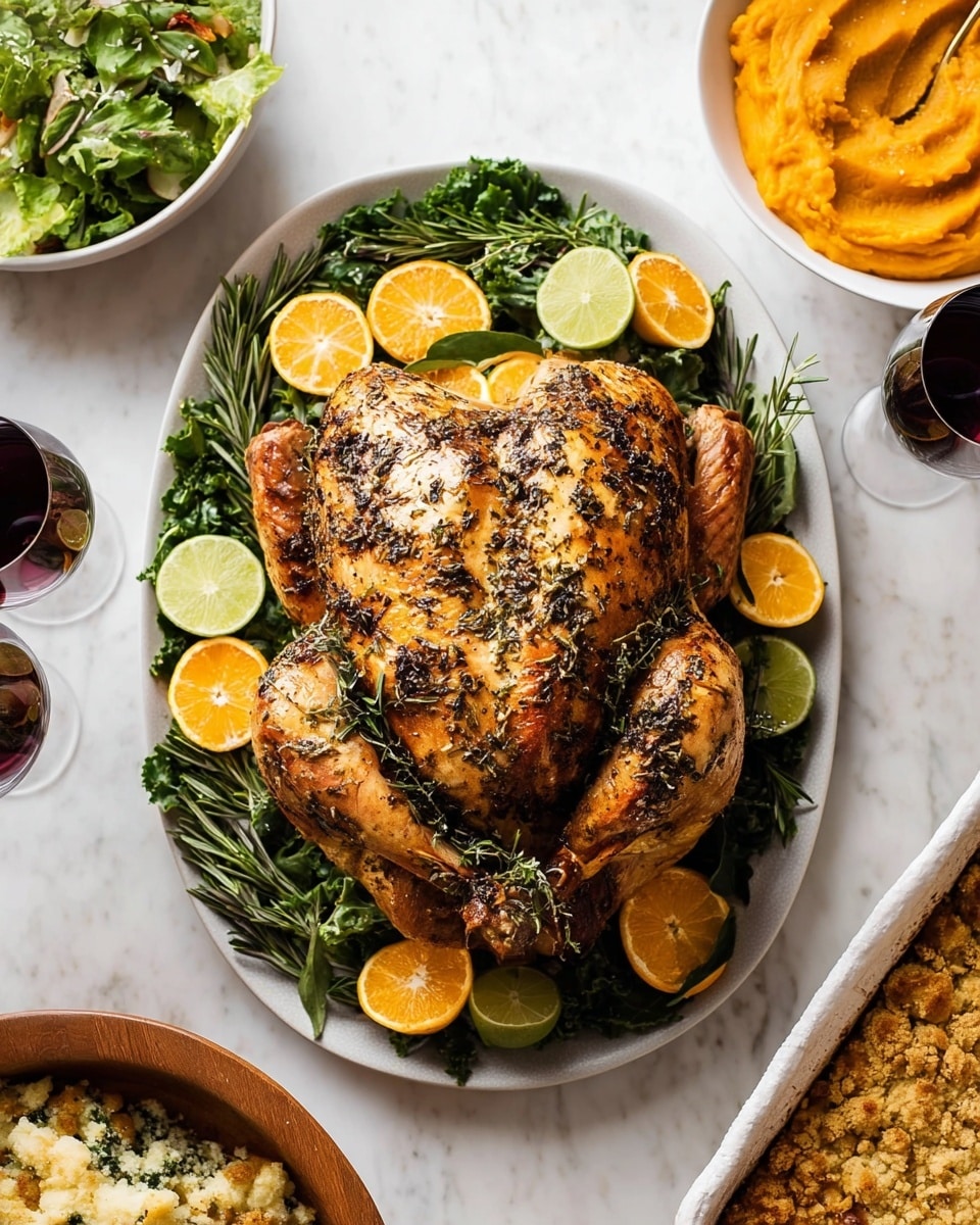 A whole roasted chicken with a golden brown skin speckled with herbs sits at the center of a white oval plate. Around the chicken is a thick layer of dark green leafy greens, topped with halved bright orange citrus fruits and slices of light green lime, adding vibrant pops of color. Sprigs of fresh rosemary complete the garnish around the chicken's edges. The plate is set on a white marbled surface. Nearby, partially visible, are a bowl of smooth orange mashed vegetables with a pat of butter on top, a wooden bowl filled with green salad, a white oval dish containing a crumbly baked dish with a golden brown crust, and two glasses of dark red wine. photo taken with an iphone --ar 4:5 --v 7