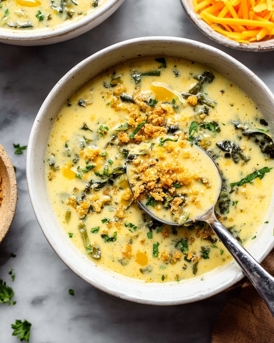 A close-up of a creamy soup served in a white bowl with brown edges, filled with one main layer of thick light yellow soup with visible green leafy herbs and small chunks, topped with shredded bright orange cheese and light golden crunchy crumbs scattered on the surface. A black spoon rests inside the bowl on the left side. Nearby, there is a white bowl with more crumbs and another white bowl with shredded cheese, all placed on a white marbled surface. The photo taken with an iphone --ar 4:5 --v 7