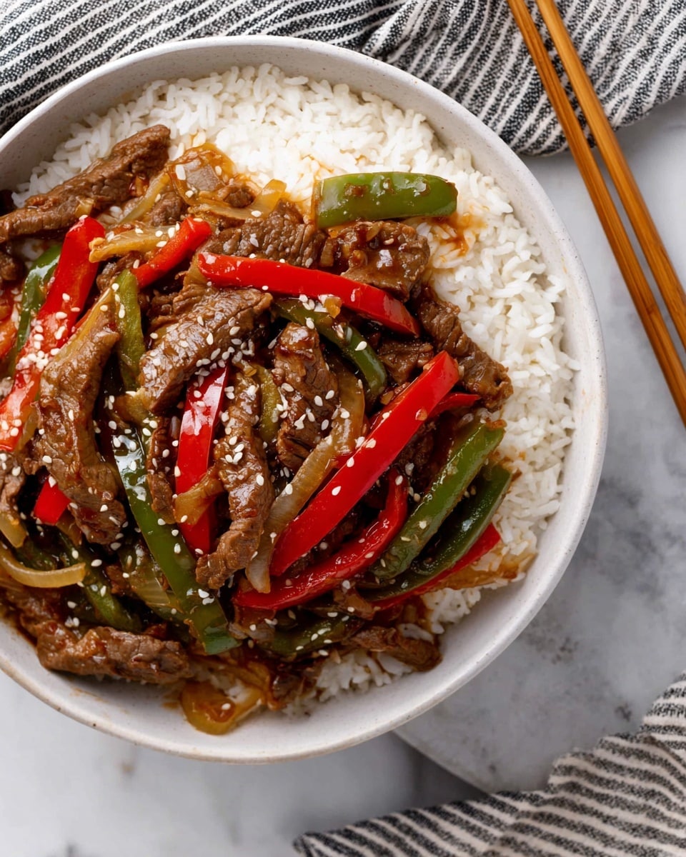 A white bowl filled with a base layer of white cooked rice, topped with a colorful stir-fry mix of brown beef strips, green and red bell pepper slices, and light brown cooked onion pieces, all coated in a glossy sauce and sprinkled with white sesame seeds; a pair of light brown wooden chopsticks rest on the right side of the bowl, which sits on a striped cloth over a white marbled surface with some fresh ginger root to the left and a blue crockpot with food inside partially visible in the background. photo taken with an iphone --ar 4:5 --v 7