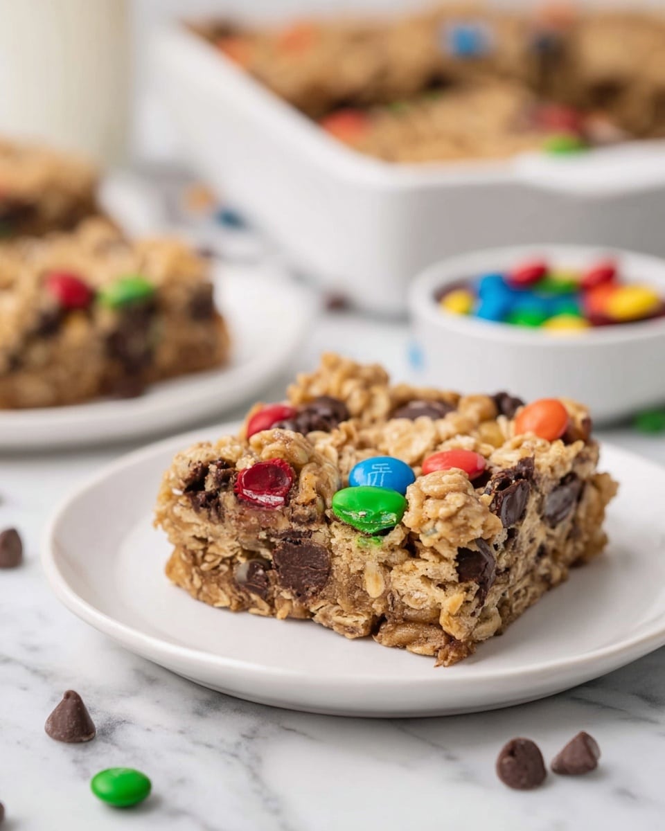 A single square bar on a white plate sits on a white marbled surface, showing its thick, textured layers made up of oats, chocolate chips, and colorful candy pieces embedded throughout. The top layer is rough and golden brown with visible shiny red, green, orange, and blue candy coating. The middle part is dense with melted chocolate chips mixed in and oats sticking out, giving it a chewy look. The background shows part of a white dish with more bars and a white bowl filled with candies. Scattered chocolate chips and candies lie on the white marbled surface nearby. Photo taken with an iphone --ar 4:5 --v 7