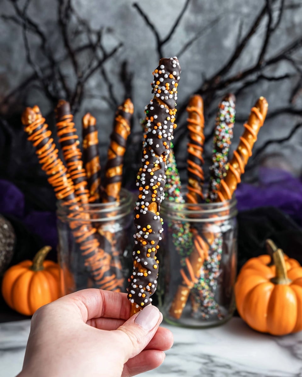A woman's hand is holding a pretzel stick partially dipped in black chocolate, decorated with round sprinkles in white, orange, yellow, and green colors. Behind it, three clear glass jars hold several more pretzel sticks with varied decorations: some dipped in orange chocolate with dark stripes, others dipped in black chocolate with orange, green, white, and orange sprinkles, all standing upright. The background is dark and spooky with shadowy bare black branches and small orange pumpkins on a white marbled surface. The overall look is themed for Halloween with bright, festive colors and textures on the pretzel sticks. photo taken with an iphone --ar 4:5 --v 7