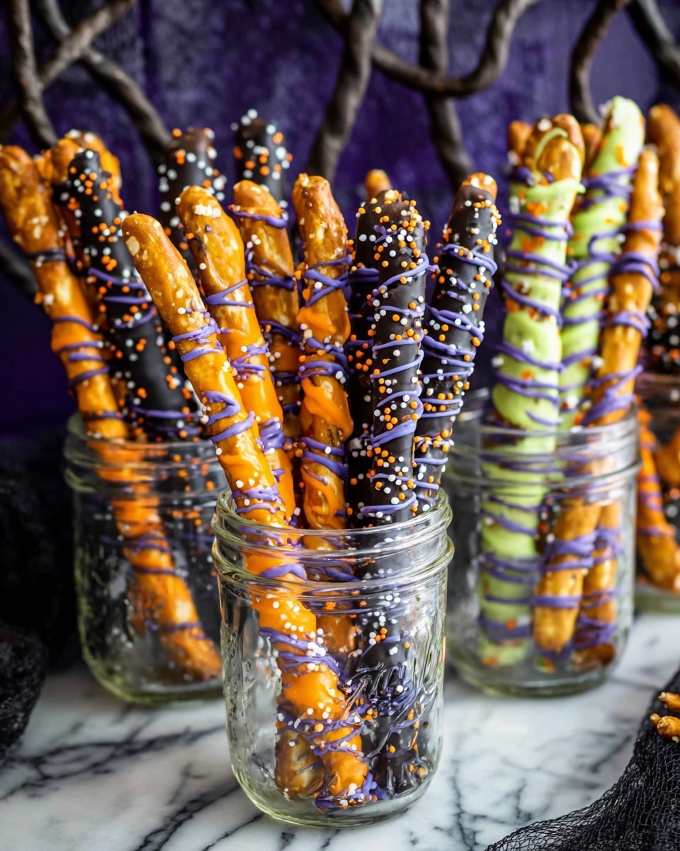 Several clear glass jars hold multiple pretzel sticks. Each pretzel stick is dipped in a thick colorful coating that covers about two-thirds of its length from the top. The coatings come in bright orange, dark purple, black, and light green, with some having small white and orange sprinkles or dots. Each stick is decorated with thin drizzles of contrasting colors like purple and orange. The jars are placed on a surface with a white marbled texture, and in the background, there is a dark twisted decoration adding a spooky vibe. Photo taken with an iphone --ar 4:5 --v 7