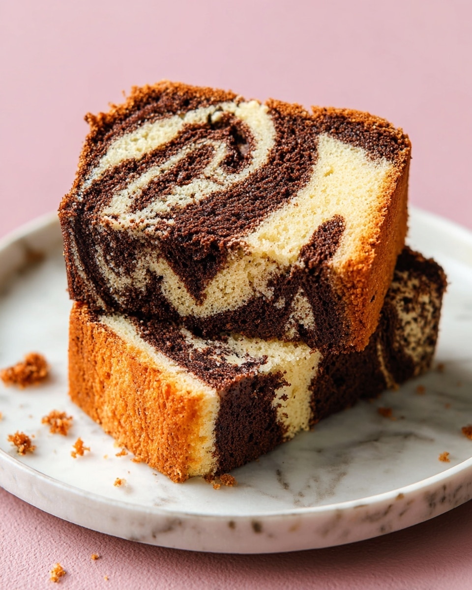 Two slices of marble cake sit stacked on a white plate against a white marbled surface. Each slice shows a rich pattern of two layers swirled together: a dark brown chocolate layer and a light beige vanilla layer. The edges of the cake are slightly golden and crumbly, with a soft texture inside. Small crumbs lie around the plate, and the colors create a strong contrast between the dark and light swirls. photo taken with an iphone --ar 4:5 --v 7