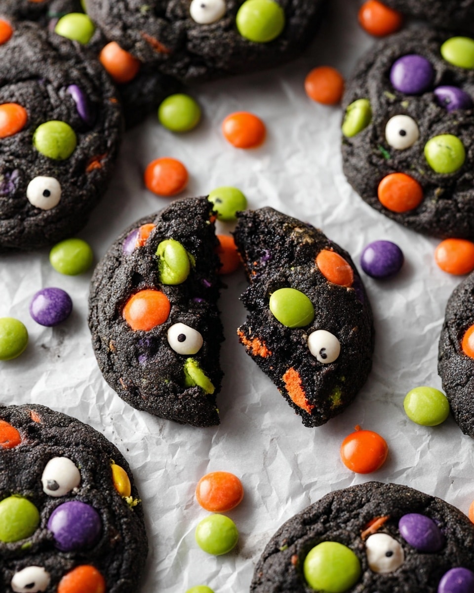 The image shows dark black cookies with a soft, chewy texture, each topped with colorful candy-coated chocolates in green, orange, purple, and white scattered across the surface. One cookie in the center is broken into two pieces revealing a dense, dark inside with more candies embedded. The cookies are placed closely together on a wrinkled white paper that lies on a white marbled surface. Bright, round candies spill around the cookies, adding vibrant pops of color against the dark cookies and light background. photo taken with an iphone --ar 4:5 --v 7