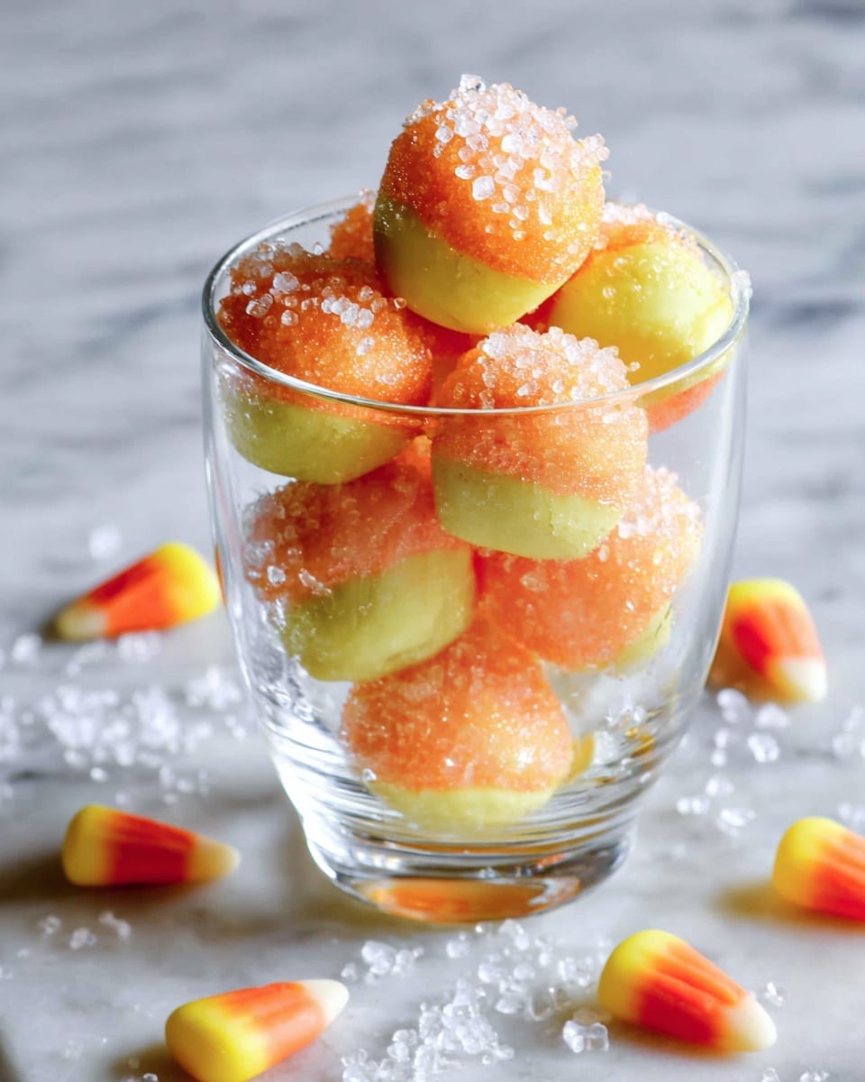 A close-up of a small round candy held between a woman's thumb and finger. The candy has two layers: a smooth yellow bottom layer and a soft orange top layer. The top is covered with small, rough white sugar crystals. The background shows a white marbled surface with some blurred objects in the distance. Photo taken with an iphone --ar 4:5 --v 7