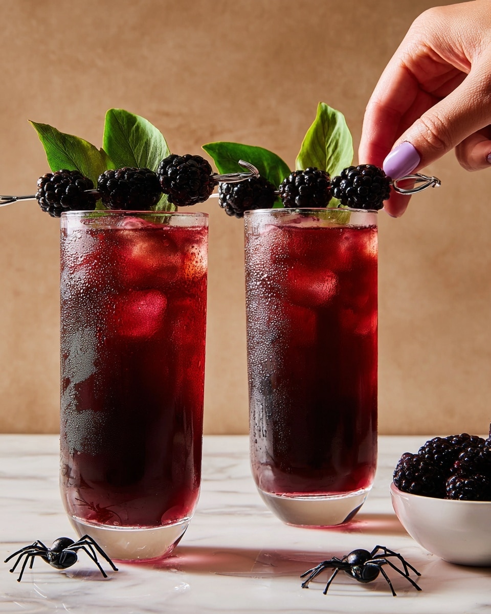 Two tall, clear glasses filled with dark red liquid sit side by side on a white marbled surface. Each glass is garnished with a skewer holding three blackberries and one green leaf, resting on the top edge of the glass, with condensation visible on the glass sides. A woman's hand is holding the skewer of the right glass. Two small black plastic spiders are placed on the surface near the base of the glasses. A small white bowl filled with blackberries is partially visible on the right side. The background is a warm beige color. Photo taken with an iphone --ar 4:5 --v 7