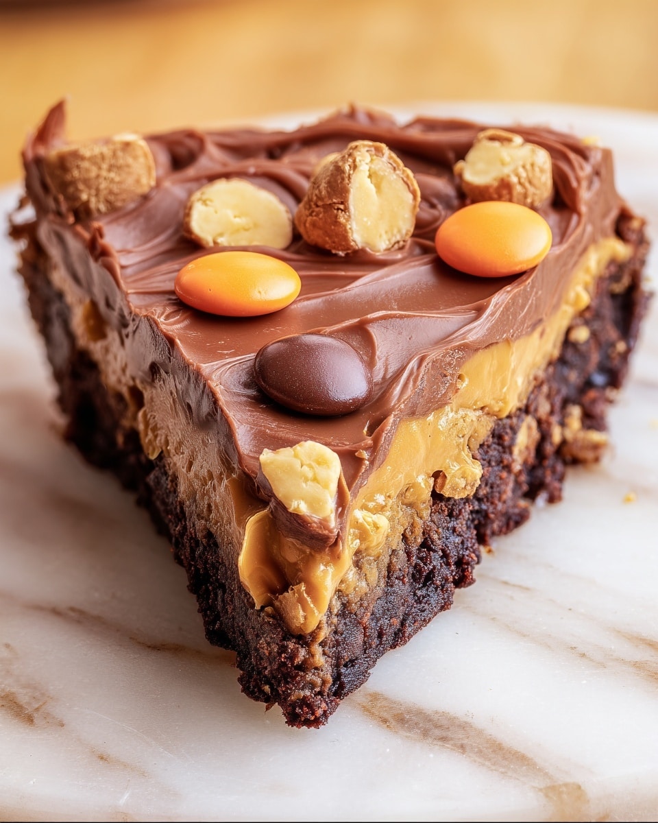 The image shows a close-up of a single triangular slice of dessert on a white marbled surface. The dessert has two clear layers: the bottom layer is dark brown and crumbly, resembling a cookie or brownie base with pieces of peanut visible inside. The top layer is thick and creamy chocolate frosting spreading smoothly with a few round candy-coated chocolates and peanut halves pressed into it. The edges of the slice show the rich texture of the chocolate frosting extending slightly beyond the base. Photo taken with an iphone --ar 4:5 --v 7