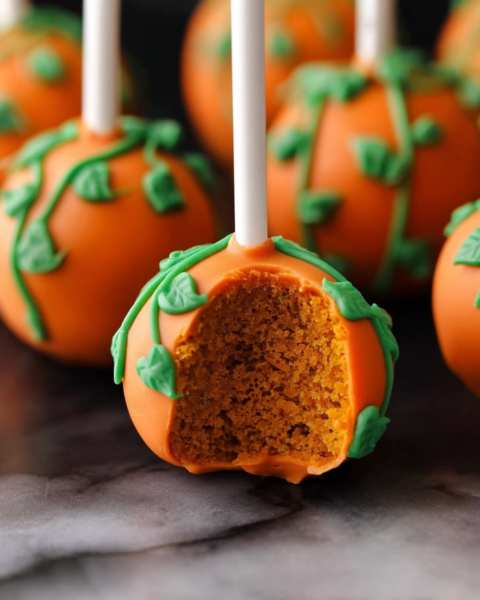 The image shows several round cake pops with bright orange coating, each decorated with dark green icing shaped like curvy lines and leaf patterns on top. Each pop has a white stick inserted vertically at the top center. One cake pop in the front is shown with a bite taken, revealing a dense, moist, golden-brown inside. The cake pops are placed on a smooth black plate, set on a white marbled surface. Photo taken with an iphone --ar 4:5 --v 7