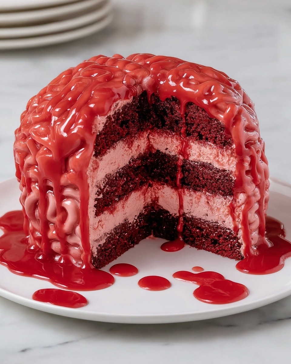 A three-layer round cake with dark red sponge layers separated by light pink frosting is shown, shaped like a brain. The outside is fully covered with shiny, bright red sauce that drips over the edges onto a white plate, creating a dripping effect around the base. The white plate sits on a white marbled surface, and the overall look highlights the moist texture of the cake and the thick sauce coating. Photo taken with an iphone --ar 4:5 --v 7