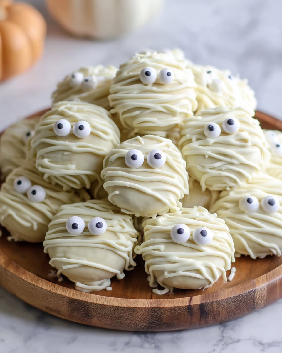 A pile of round treats shaped like mummies sits on a wooden plate. Each treat has a smooth, light cream-colored base layer that looks like a soft coating. On top, there are thin, messy lines of white drizzle wrapping around them to create a wrapped bandage effect. At the top of every treat, two small round white candy eyes with black centers are placed, giving them a cute, spooky face. The wooden plate rests on a white marbled surface with soft, natural light. photo taken with an iphone --ar 4:5 --v 7