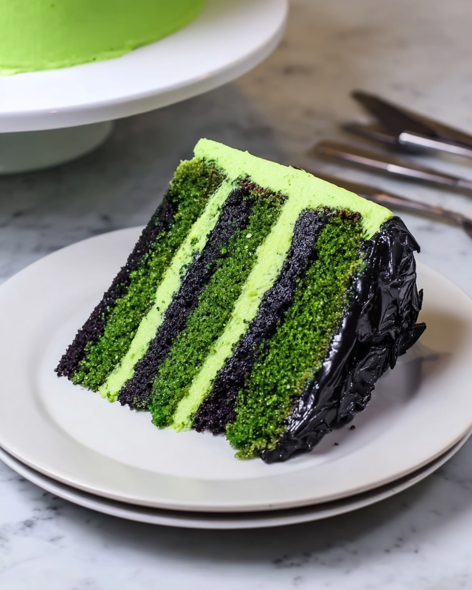 The cake is round with a bright green smooth base layer representing the face. On top, a thick layer of shiny black frosting is shaped into pointed hair spikes covering the whole top surface and hanging slightly over the edge. Two large, round eyes are placed near the middle of the cake’s side, each with a white outer circle, a black inner circle, and a small white dot for sparkle. Below the eyes is a small black curved line forming a simple smiling mouth. On the sides near the eyes are round decorations simulating ears in green, grey, and pink colors. A black stitched scar detail is on one side near a pink cheek dot. The cake sits on a black circular board, all set against a white marbled surface background. photo taken with an iphone --ar 4:5 --v 7