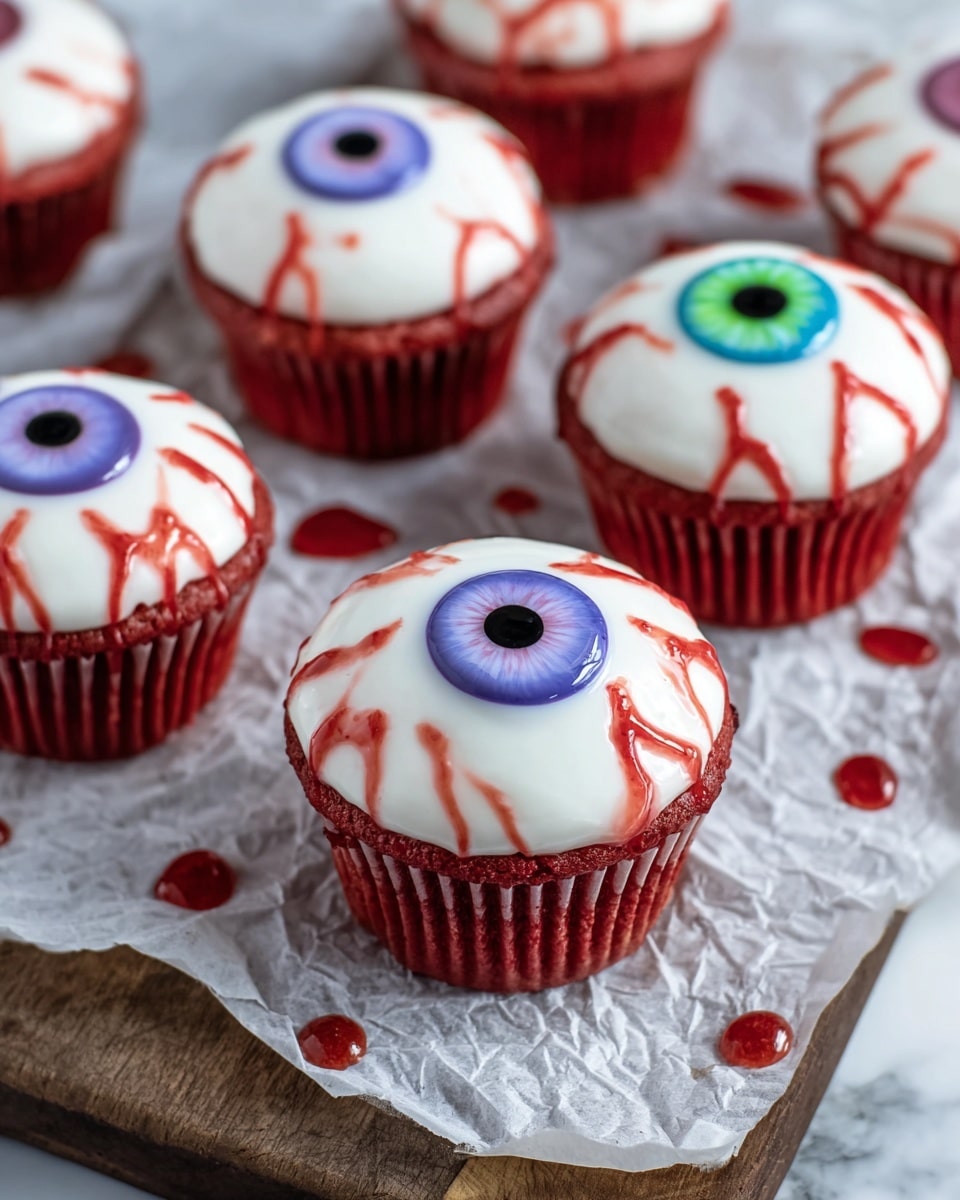 The image shows several cupcakes designed to look like eyeballs. Each cupcake has one layer of creamy white frosting on top, shaped smooth and flat. In the center of the frosting is a round candy pupil, with three different colors: bright blue, vivid green, and deep purple. Around the candy pupil on the white frosting are red icing veins, drawn as thin squiggly lines that spread outwards, adding a spooky effect. The cupcakes are placed on a white marbled surface with a few drops of red icing scattered around. photo taken with an iphone --ar 4:5 --v 7