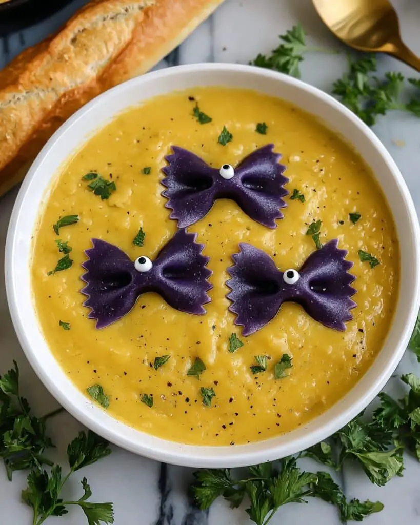 Butternut Squash Soup with Pasta Bats and Black Food Coloring Recipe