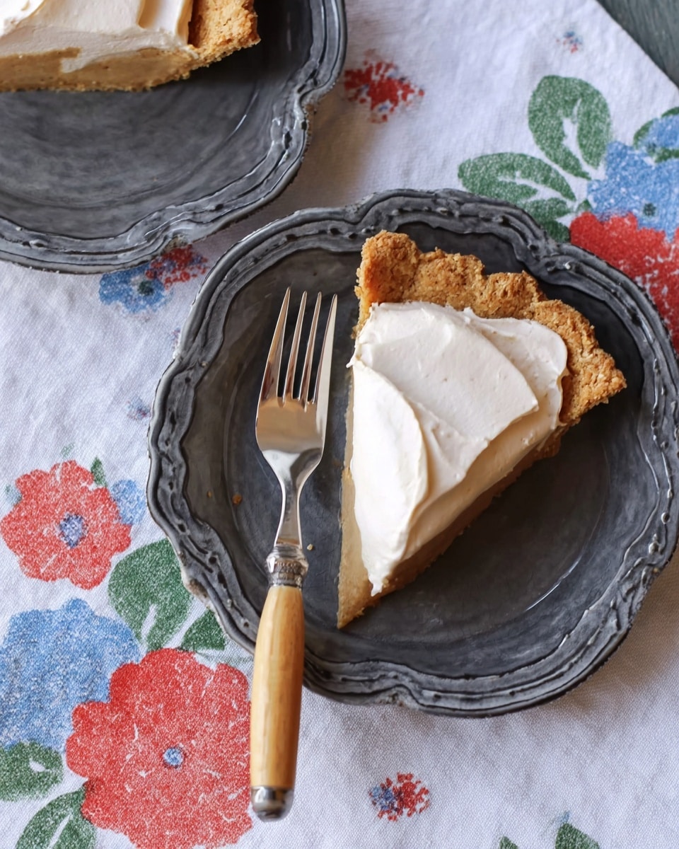 The image shows a pie with three clear layers. The bottom layer is a golden brown crust that looks crunchy and slightly uneven at the edge. On top of the crust is a smooth, shiny caramel-colored filling that spreads evenly across the pie. Sitting in the middle of the pie is a thick, white swirl of whipped cream, soft and fluffy in texture, slightly rising above the pie filling. The pie is placed on a white marbled surface with a floral tablecloth beneath, showing pink, red, and blue flowers with green leaves. In the background, there is a white plate and two forks resting next to it. photo taken with an iphone --ar 4:5 --v 7