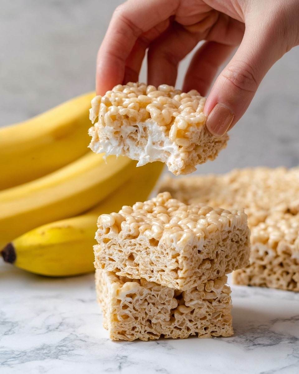 A pair of woman's hands hold and pull apart a crispy rice treat bar, showing its soft, stretchy, and slightly sticky texture with visible strands of melted marshmallow inside. Below this bar, there is a stack of three similar light beige crispy rice treat squares on a white marbled surface, with another square placed beside them. In the background, two ripe bananas are slightly out of focus. The overall image shows the treats as light and crunchy with a glossy, smooth marshmallow coating. Photo taken with an iphone --ar 4:5 --v 7