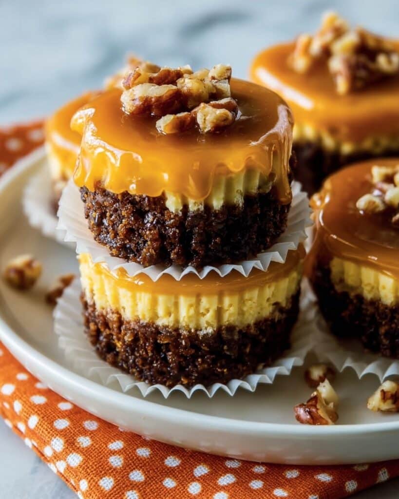 Salted Caramel Pumpkin Cheesecakes with Gingersnap Crust and Pecans Recipe