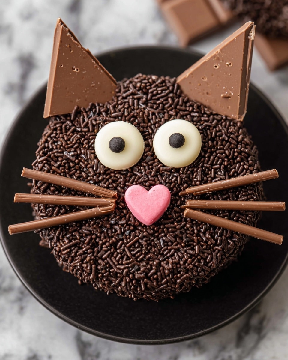 A round chocolate treat covered fully with small, shiny, dark chocolate sprinkles forms the base. Two large, triangular pieces of milk chocolate are placed on top as ears at the upper edge of the round base. Two white circular candies with black dots in the center are positioned as eyes just below the ears. A small, pink heart-shaped candy is placed in the middle below the eyes as the nose. Three stick-shaped chocolate pieces are arranged horizontally on each side of the nose, resembling whiskers. The treat is shown on a black plate, set against a white marbled background. photo taken with an iphone --ar 4:5 --v 7