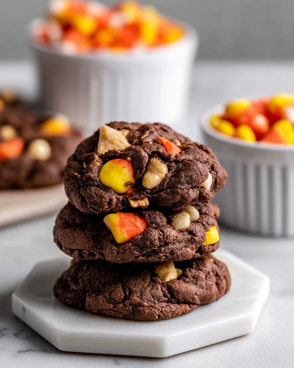 A stack of three thick, dark brown chocolate cookies sits on a white hexagonal plate placed on a white marbled surface. The cookies are chunky, with visible white nut pieces and candy corn embedded in the top cookie. The candy corn shows bright layers of orange, yellow, and white. In the background, two white bowls hold more candy corn and possibly nuts, slightly blurred. The lighting is soft, highlighting the texture of the cookies and the shiny surface of the candy corn photo taken with an iphone --ar 4:5 --v 7