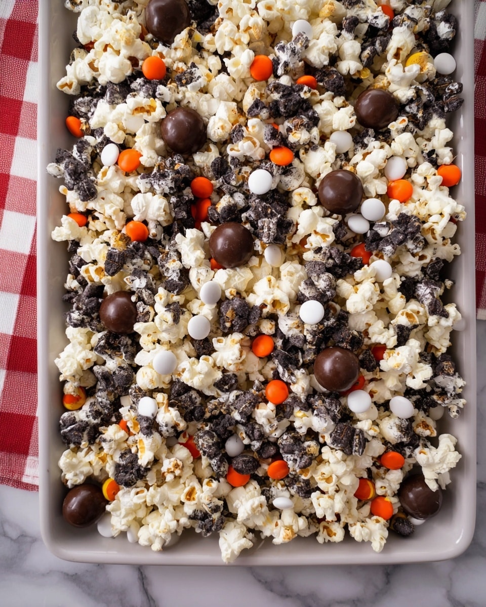 The image shows a white tray filled with popcorn mixed with chocolate-coated round candies and white, black, and orange small candy pieces. The popcorn is white and fluffy, scattered evenly across the tray, and coated lightly with dark chocolate, giving some pieces a textured, rough look. Dark brown, smooth chocolate balls are spread throughout, along with small round candies in white, black, and bright orange. The tray is placed on a white marbled surface with a red and white checked cloth partly visible at the edges. Photo taken with an iphone --ar 4:5 --v 7