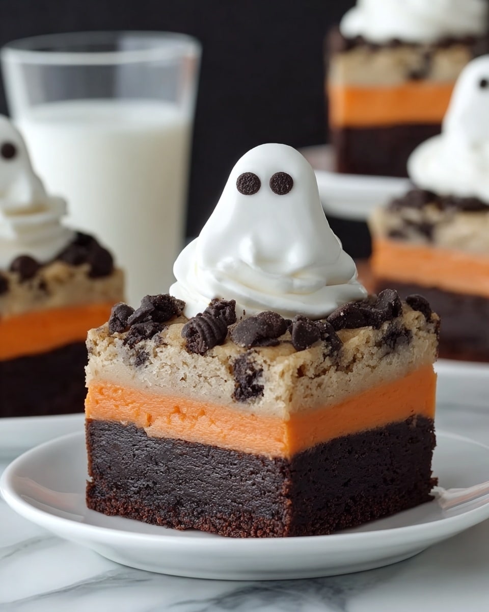 A square dessert piece with four visible layers stands on a white plate with black and white polka dots. The bottom layer is dark chocolate brownie, topped by a black cookie layer with a bright orange filling in the center. Above it is a light beige cookie dough layer with chocolate chips. On top is a swirl of white whipped cream with two small chocolate chips placed like eyes. The plate is stacked on three similar plates, and behind is a tall clear glass filled with white milk on a white marbled surface. More dessert pieces can be seen slightly blurred in the background on a black cake stand. Photo taken with an iphone --ar 4:5 --v 7