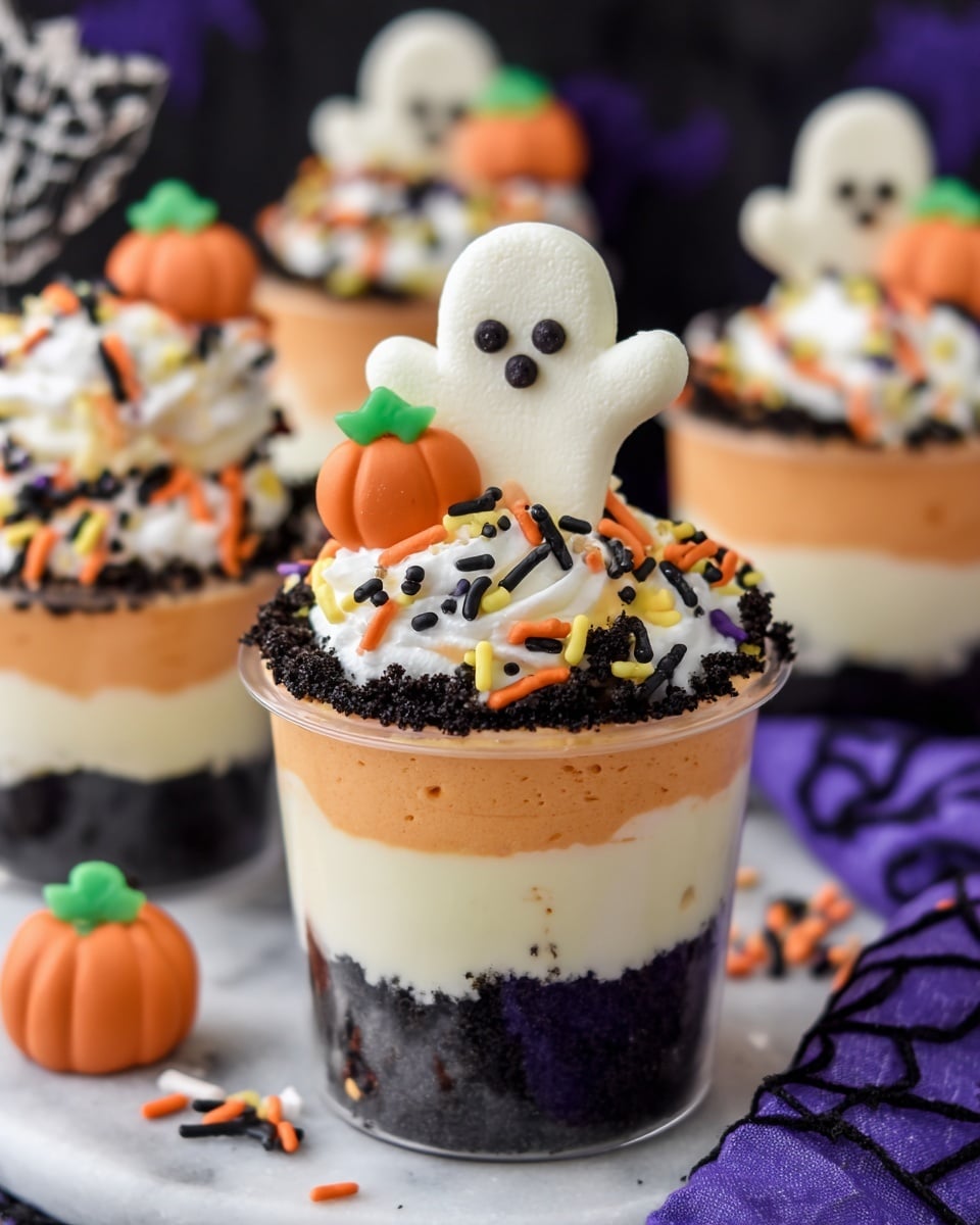 This image shows a three-layer Halloween dessert in a clear cup placed on a white marbled surface. The bottom layer is dark and crumbly, the middle layer is smooth and white, and the top layer is a pastel orange cream. On top, there is white whipped cream decorated with black, orange, and green sprinkles shaped like tiny sticks, balls, and leaves. A white ghost-shaped cookie with small brown eyes and mouth stands in the cream along with a small round orange pumpkin candy with a green leaf. In the background, more similar desserts sit on the white marbled surface and a purple cloth with black spiderweb patterns. Photo taken with an iphone --ar 4:5 --v 7